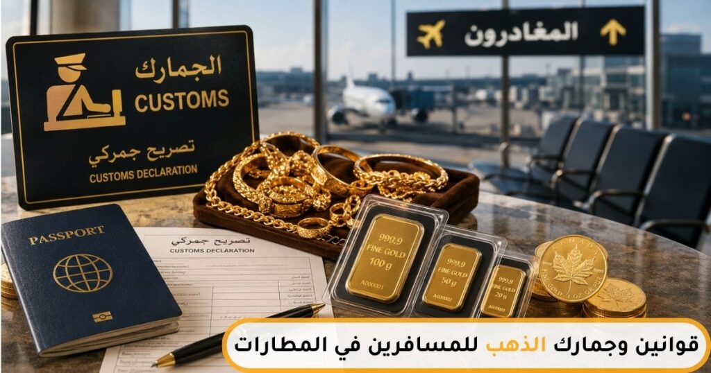 مشغولات وسبائك ذهبية مع جواز سفر داخل مطار توضح قوانين وجمارك الذهب للمسافرين أثناء السفر عبر المطارات