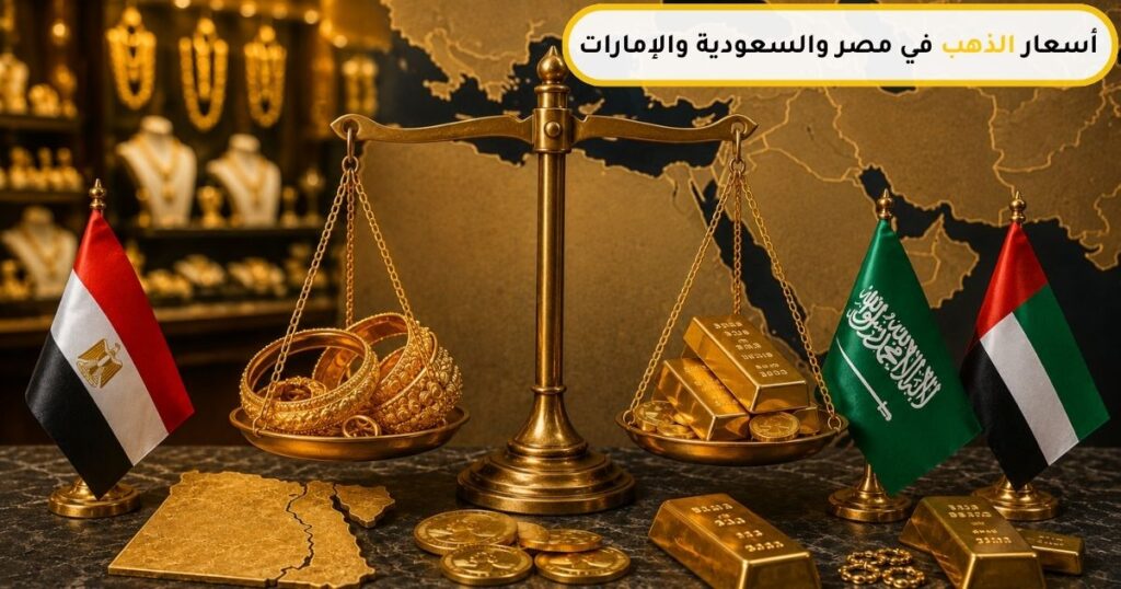 مقارنة أسعار الذهب بين مصر والسعودية والإمارات مع سبائك ذهب ومجوهرات توضح اختلاف الأسعار والمصنعية.
